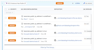 Identify cloud configuration risks before they’re deployed Screenshot of app showing identified security threats