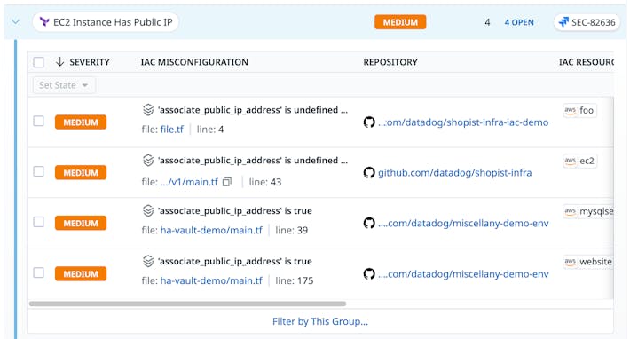 Identify cloud configuration risks before they’re deployed Screenshot of app showing identified security threats