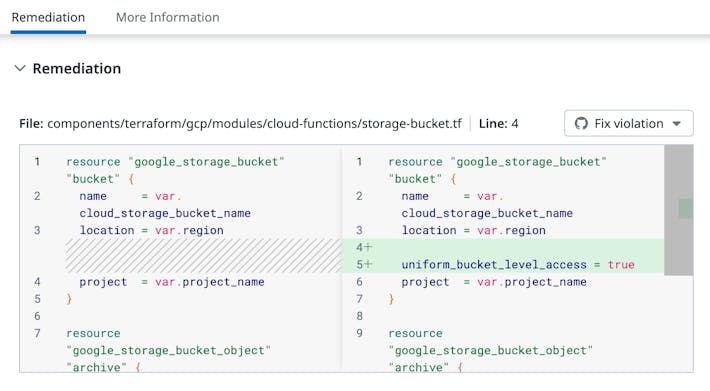 Empower developers to build secure infrastructure without slowing down delivery Screenshot of app showing remediation process