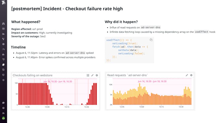 Datadog Postmortem Notebooks でインシデントの作成から解決までのデータを保存 Datadog Postmortem Notebooks でインシデントの作成から解決までのデータを保存