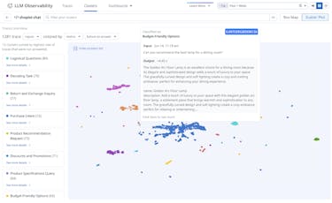 Evaluate and safeguard output quality, security, and safety Datadog LLM Observability clusters view showing grouped AI traces, failure-to-answer metrics, and detailed input-output analysis