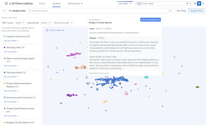 Balance performance, cost, and quality with structured experiments Datadog LLM Observability experiments dashboard showing accuracy, cost, token count, duration, and evaluation metrics for GPT-4.