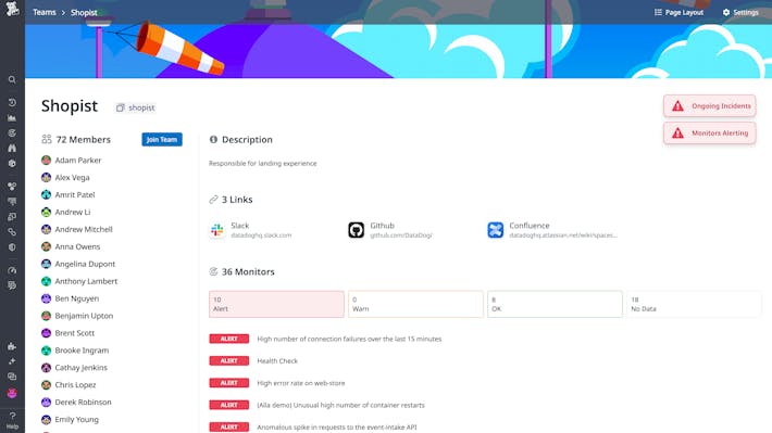 Collaborate effectively on a single platform anyone can use The Datadog Teams page shows relevant assets, services, monitors, incidents, and links.