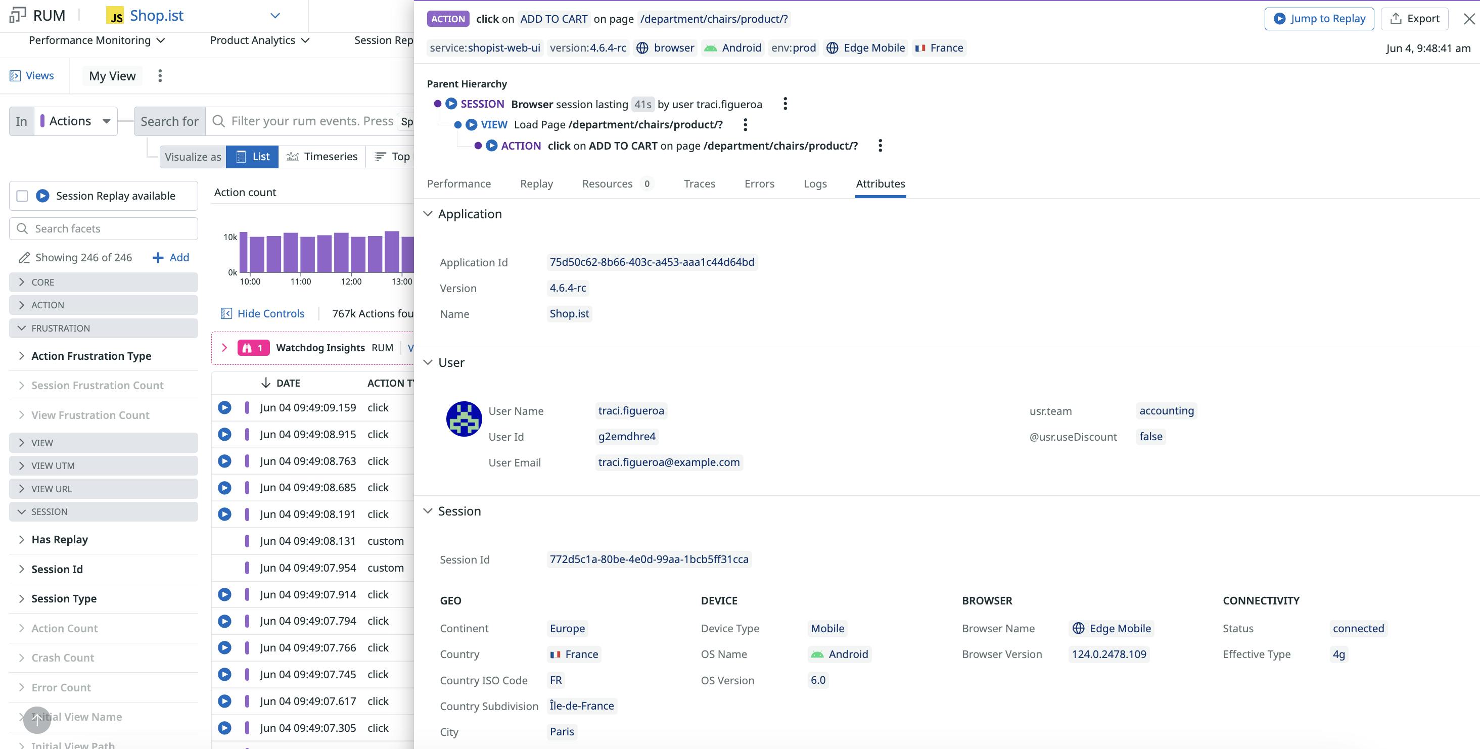 Screenshot of custom user and performance data collection