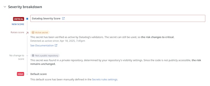 Keep AI-generated code secure Screenshot of app showing Datadog Secret Scanning Code Security product