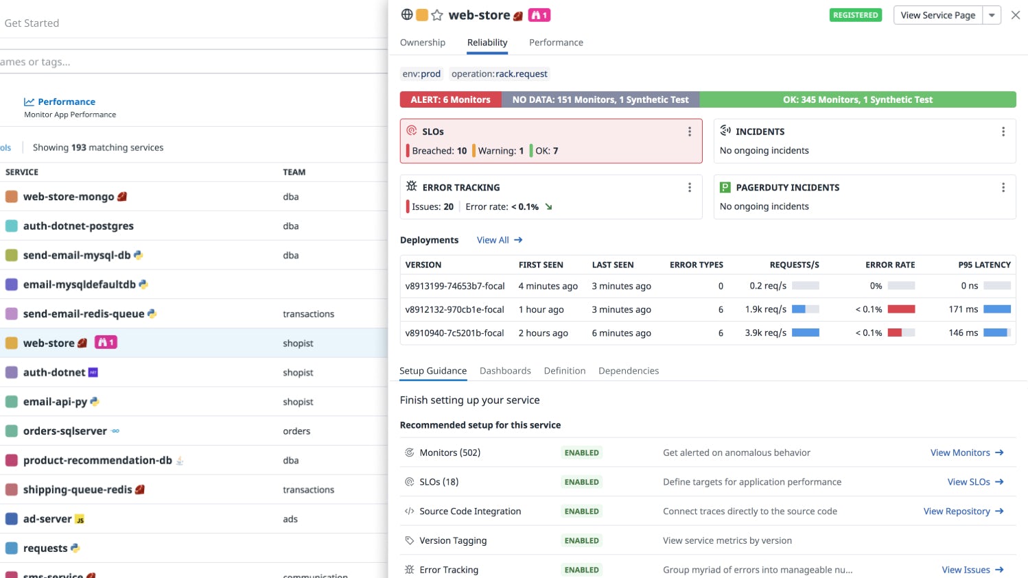 Confidently release new versions by tracking deployments and performance metrics in a single view