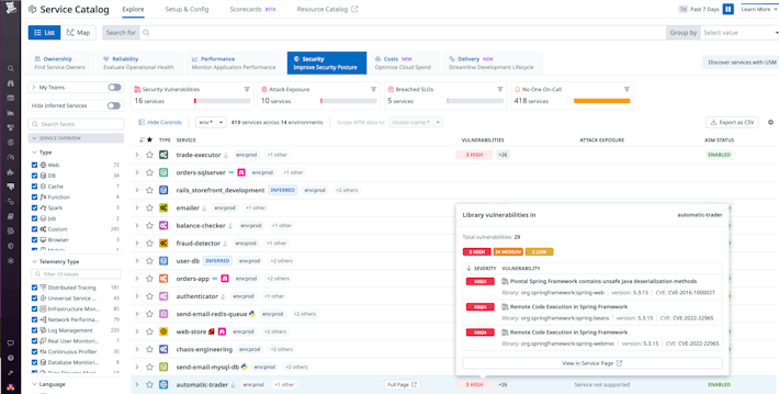 Screen capture of a library with detected vulnerabilities in the Datadog app