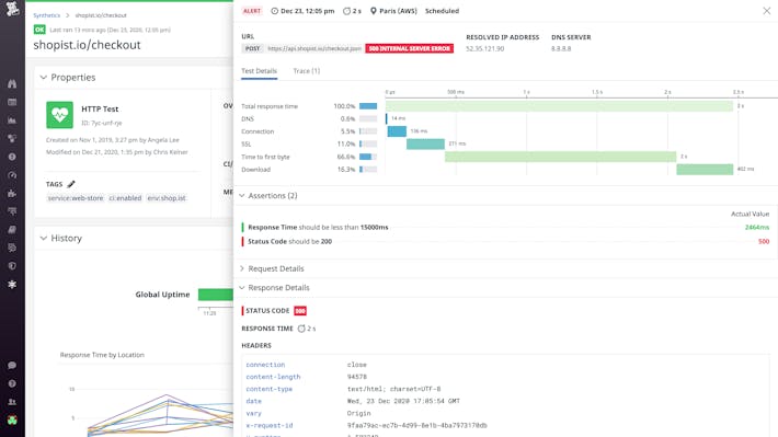 View a Datadog API test result and view detailed metrics to understand global performance.