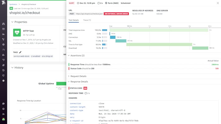 Track endpoint health and performance with API tests View a Datadog API test result and view detailed metrics to understand global performance.
