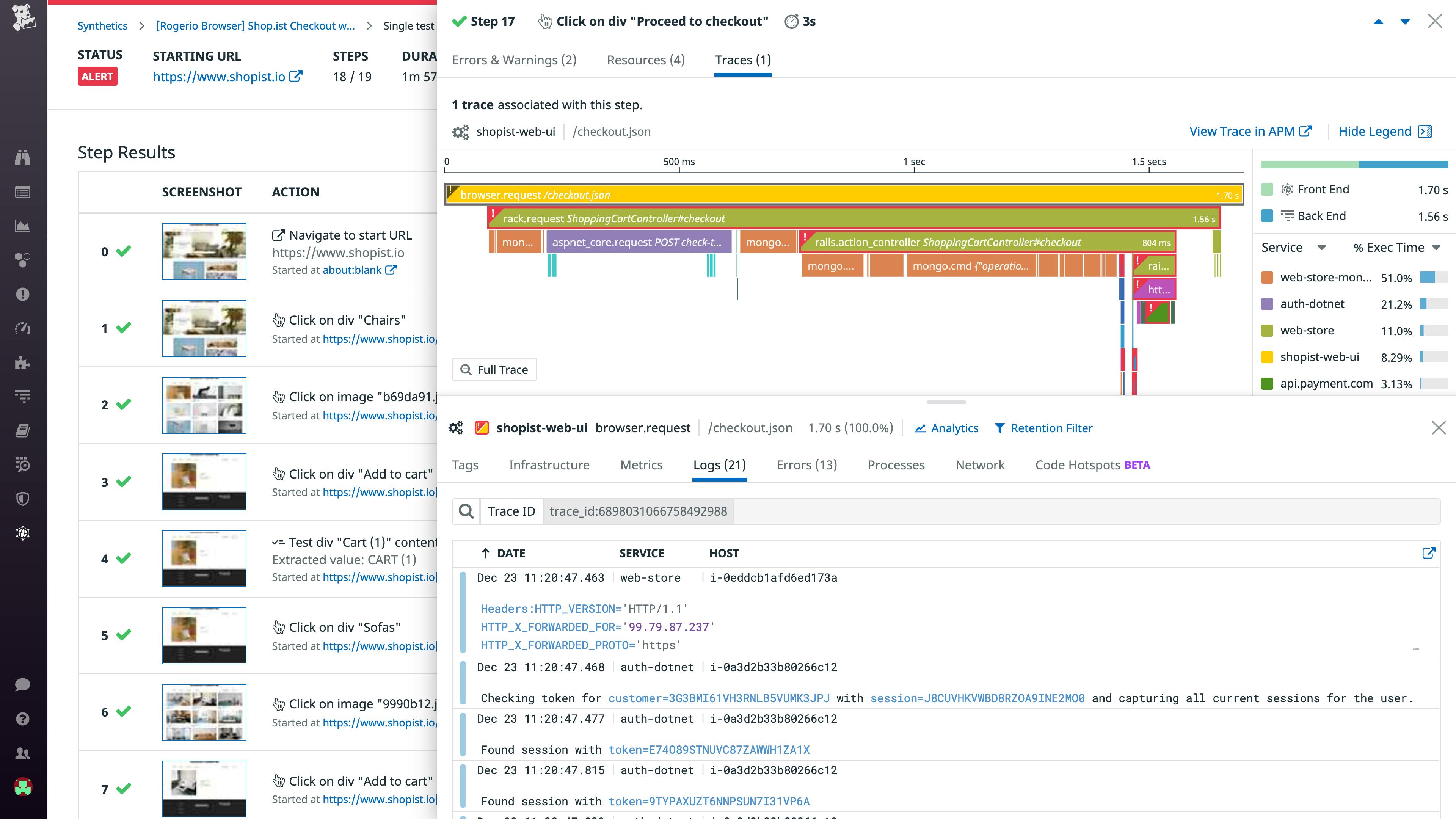 Results from a browser test correlated with backend data: trace, metrics, logs, and more.