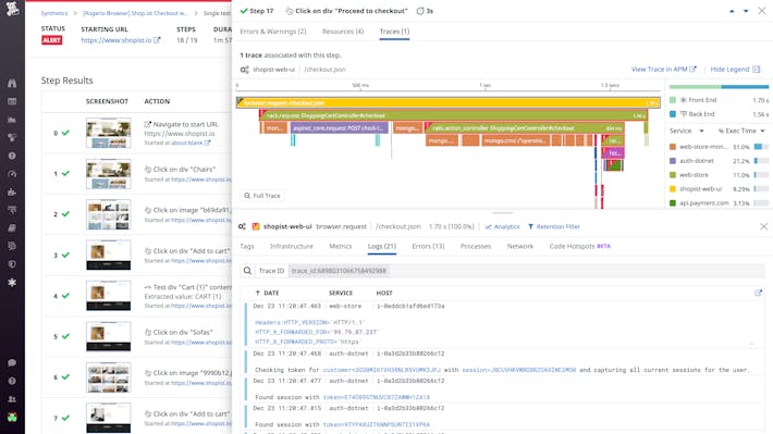 Results from a browser test correlated with backend data: trace, metrics, logs, and more.