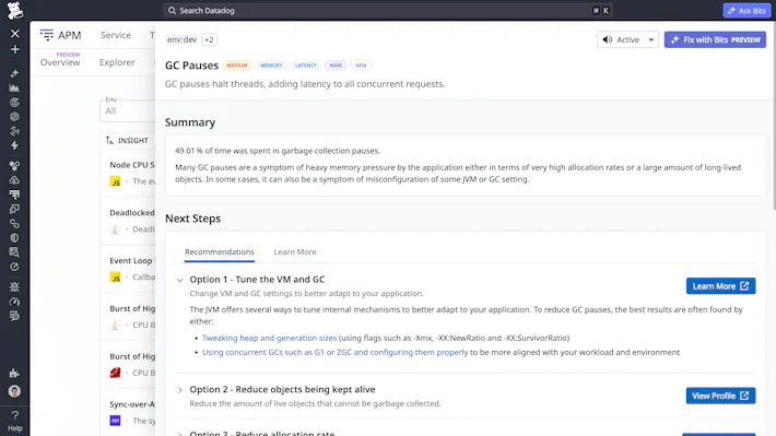 Help every engineer uncover hidden issues in code behavior, stability, and performance Guided insight panel for a GC Pauses finding showing a severity summary and step-by-step remediation options