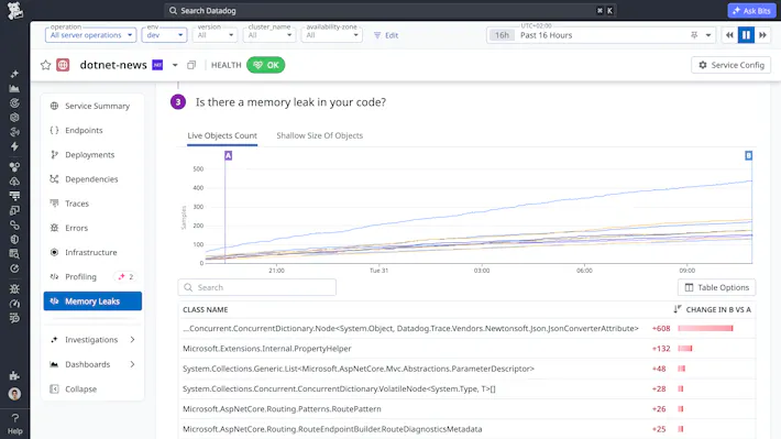 Quickly uncover the root cause of memory leaks and OOM crashes Memory Leaks view showing a rising Live Objects Count graph and a table of object classes sorted by growth rate