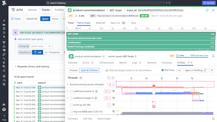Resolve production performance issues quickly with always-on, code-level visibility APM trace detail showing the Profiles tab with thread-level CPU activity correlated to an active span