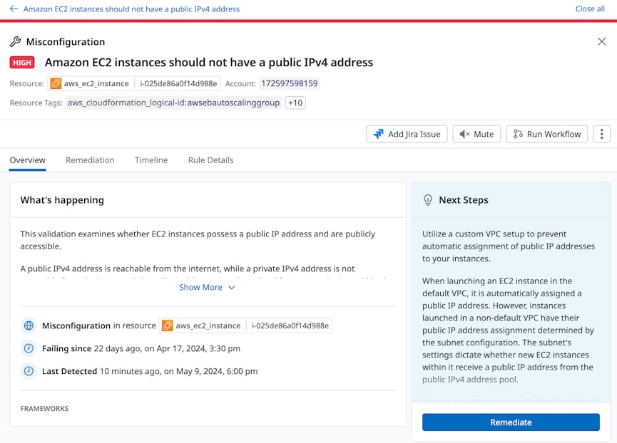 Visualization of the Datadog automated attack remediation workflow