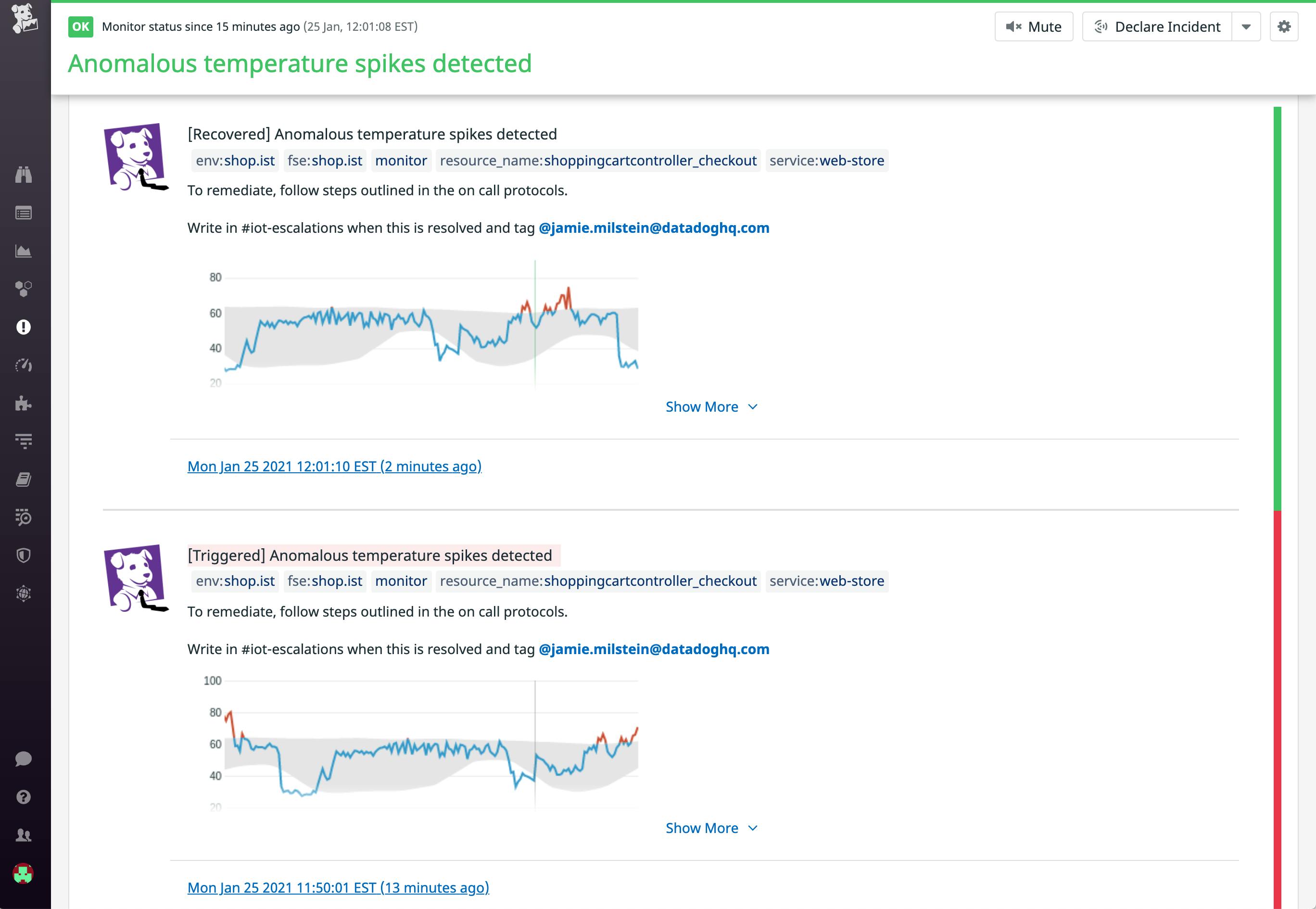Datadog’s anomaly detection monitors use machine learning to minimize false positive alerts.