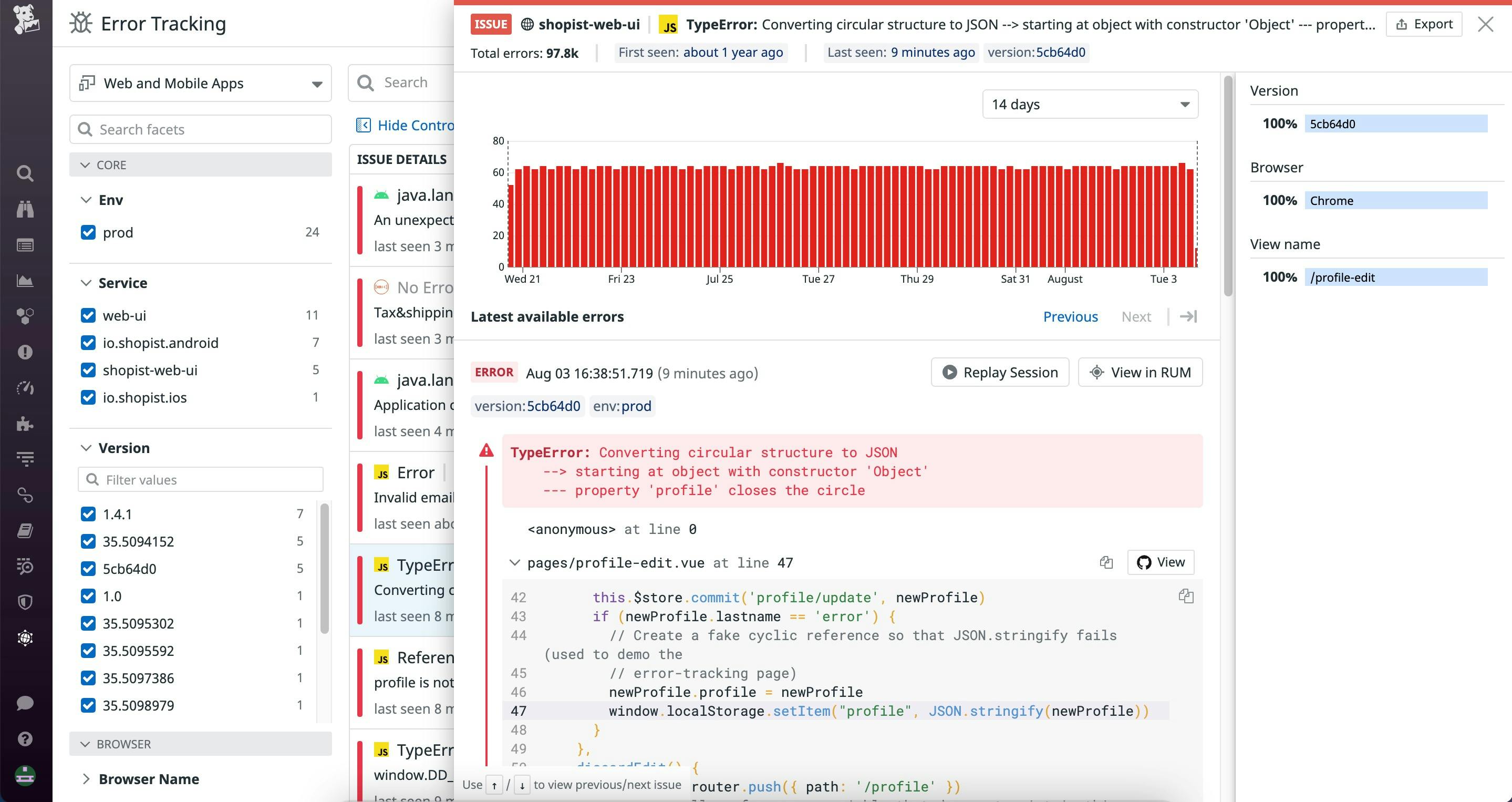 View error details with Datadog Error Tracking.