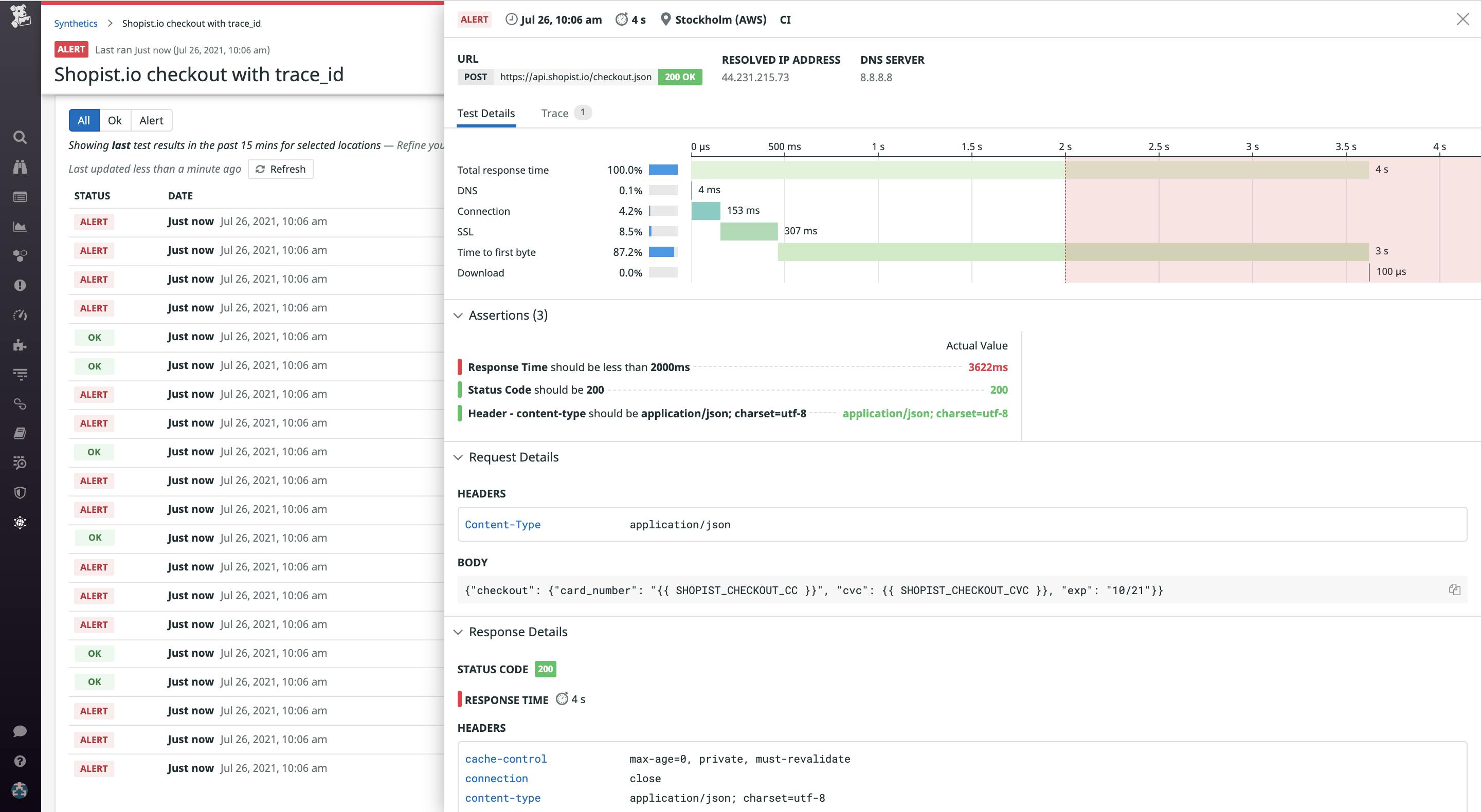 View detailed breakdowns of Synthetic test results.