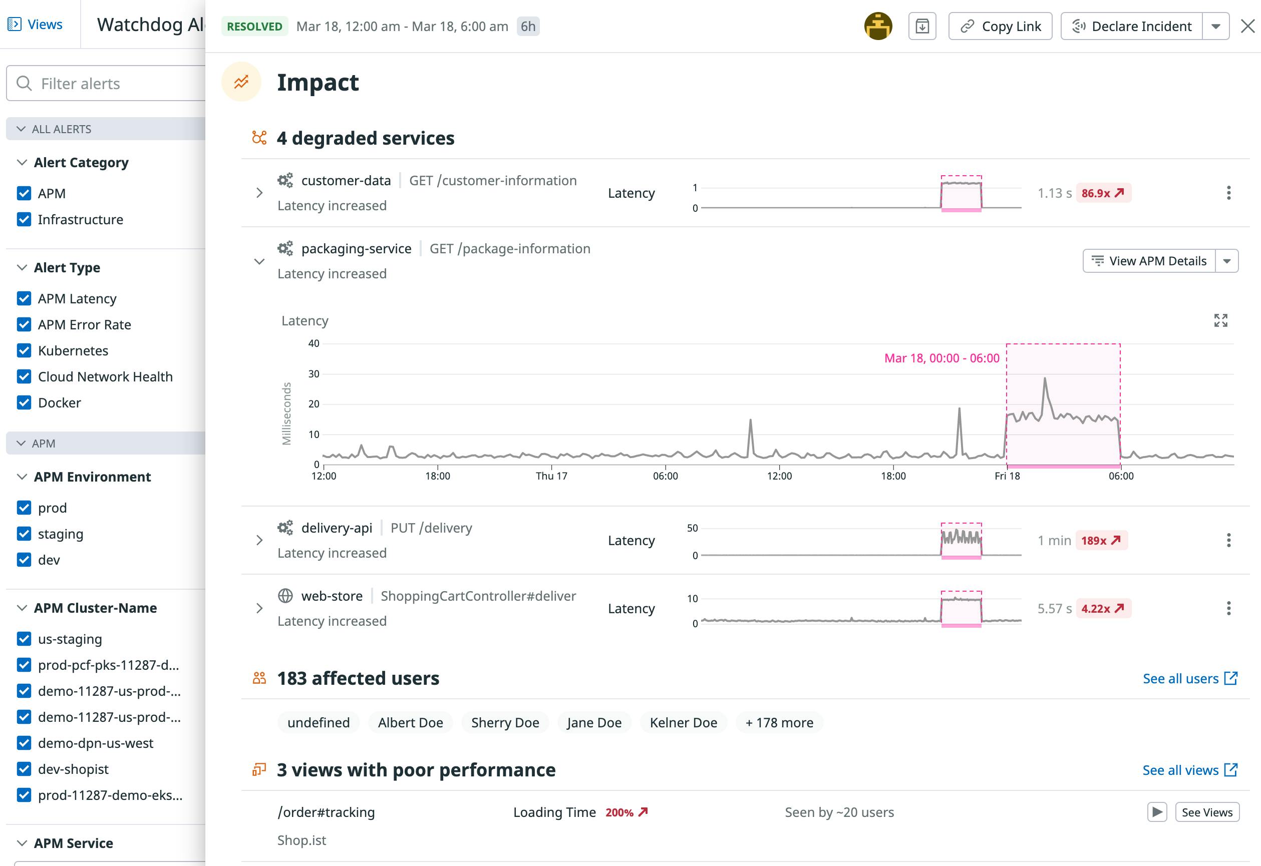 Identify the exact services that are experiencing a performance degradation, as well as the users that are affected.