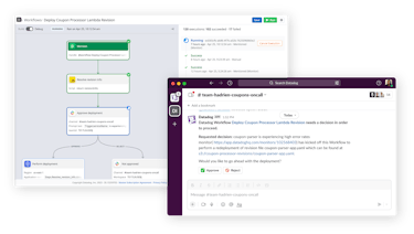 Automatically trigger remediation actions One screen shows a monitor in alert state, and another one showing a workflow execution in progress
