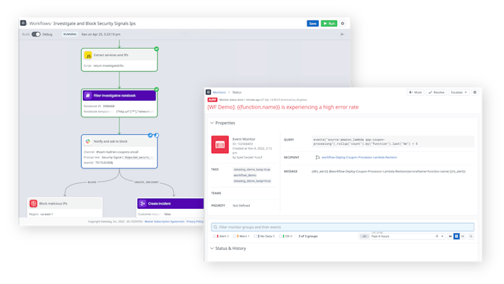 Screen with a workflow execution in Datadog next to a Slack message showing a decision-making prompt