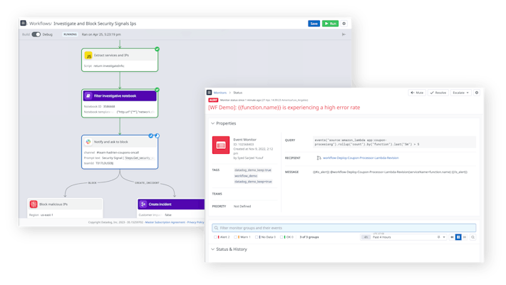 Datadogでワークフローが実行され、Slackメッセージの横に意思決定のプロンプトが表示されている画面 Datadogでワークフローが実行され、Slackメッセージの横に意思決定のプロンプトが表示されている画面